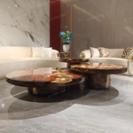 Luxury Nesting Coffee Table Set with Natural Burl Wood Veneer and Hammered Metal Detailing